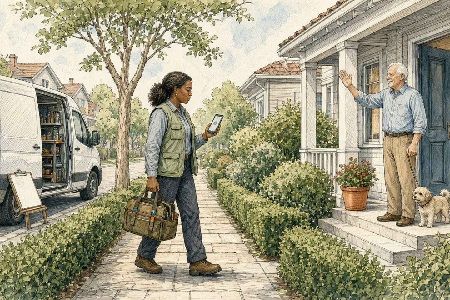 Editorial engraving of a sunny suburban street where a field technician taps her phone as she arrives at a house and the homeowner waves from the door.