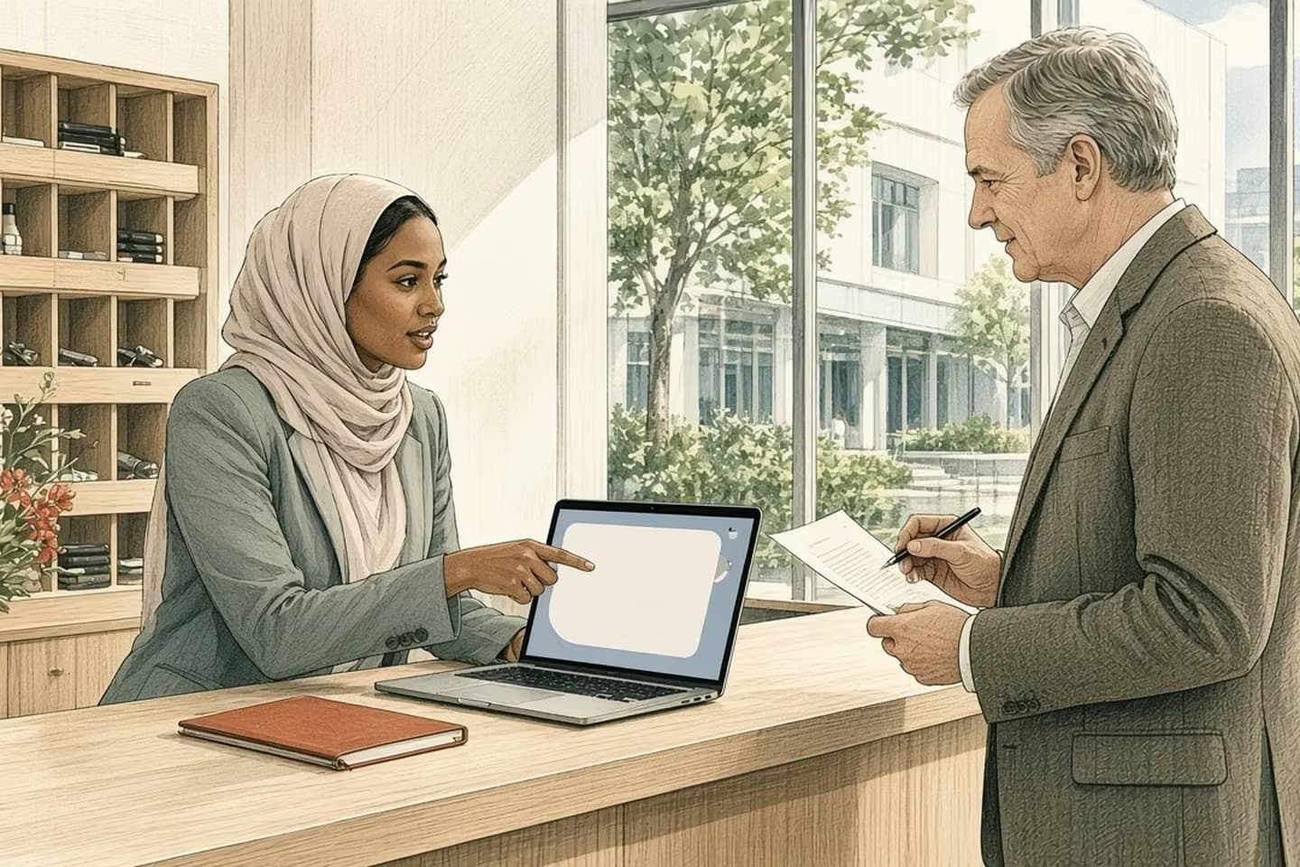 Editorial engraving of a hotel front office where an operations lead records a quick walkthrough on her laptop while the manager reads back a printed summary.