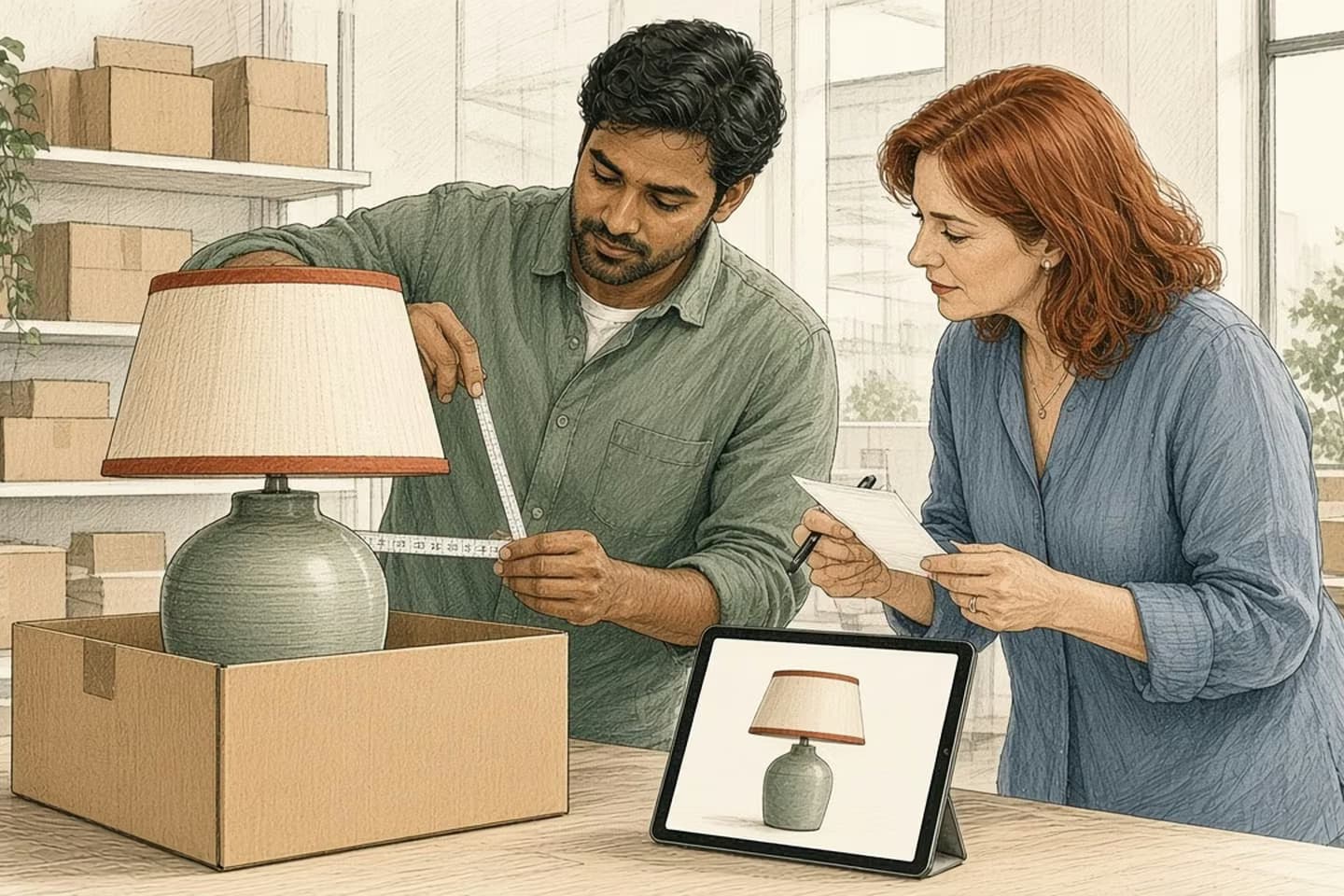 Editorial engraving of a bright marketplace office where a support agent measures a returned ceramic lamp against its listing on a tablet.