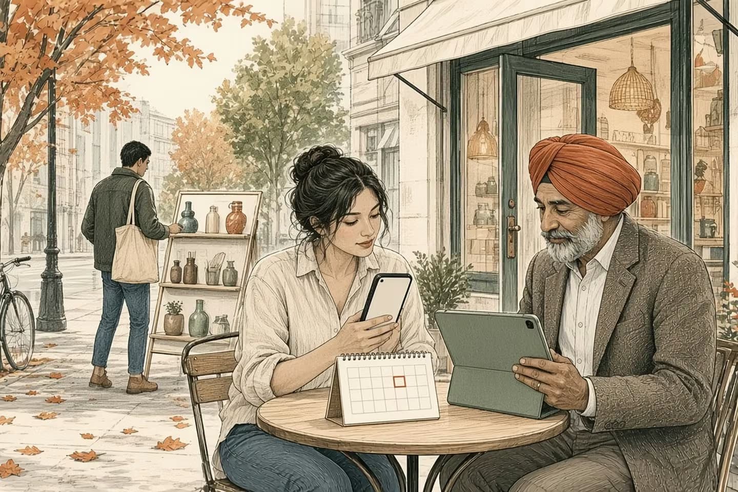 Editorial engraving of an autumn sidewalk cafe table where a shop owner checks her phone and an older man in a terracotta turban holds a tablet beside a desk calendar with one day circled, while a shopper with a tote bag browses a vase rack outside the boutique.