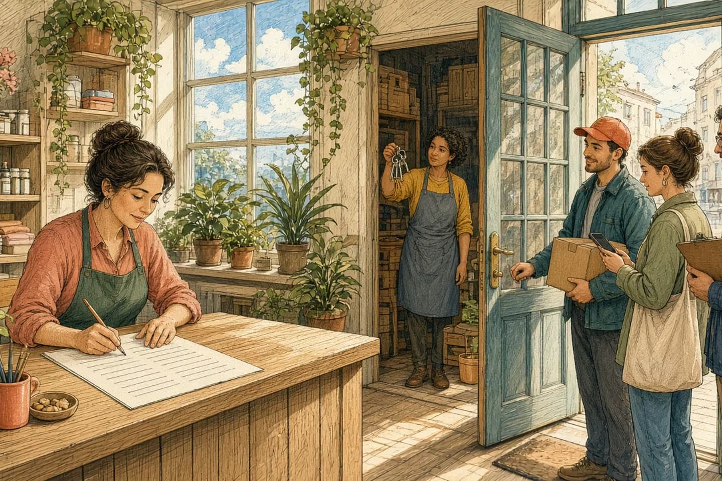 A shop owner at a sunlit counter marks a printed sheet of house rules while a courier, a shopper with a phone, and a man with a clipboard wait at the open door and a colleague holds up the stockroom keys.