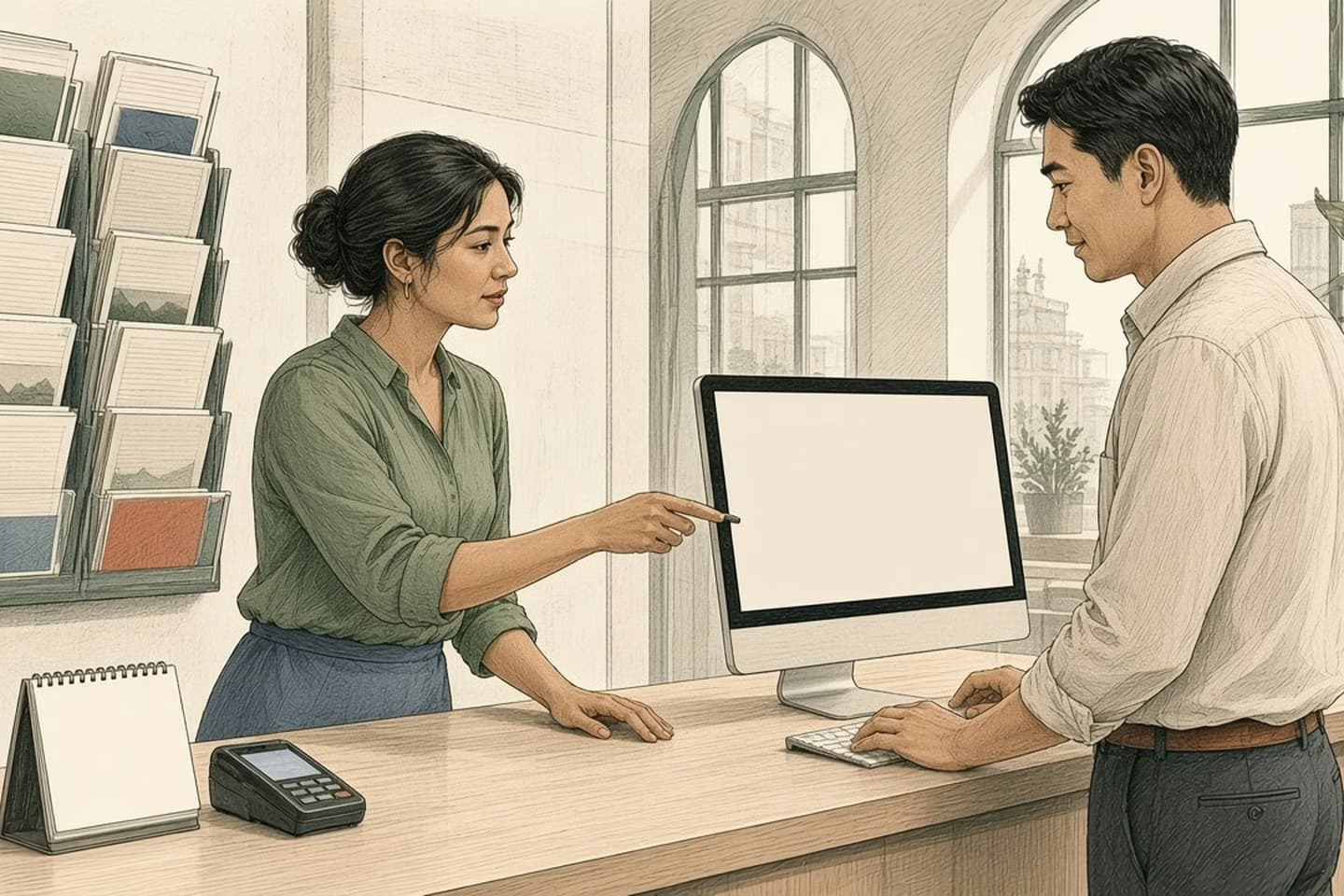 Editorial engraving of a sunlit city hall counter where a clerk beside a rack of printed handouts points at an online form an IT colleague is showing her on a monitor.