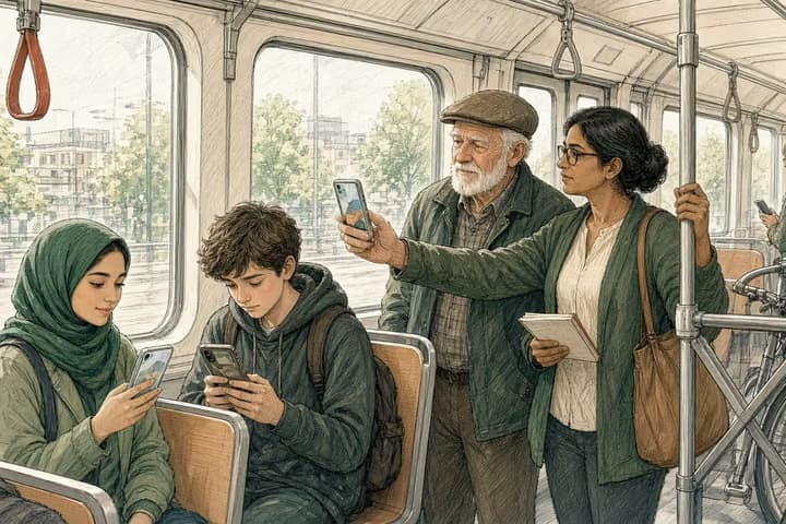 Editorial engraving of a sunlit commuter tram where passengers hold phones of different ages, including an elderly man squinting at an older phone, while a mobile developer holding a pole and a notebook notices it thoughtfully.