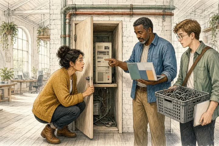 Editorial engraving of a sunlit converted-mill office where a developer opens a utility cupboard to find an old server still glowing, a colleague with a laptop points at it, and an intern carries a crate of old cables.