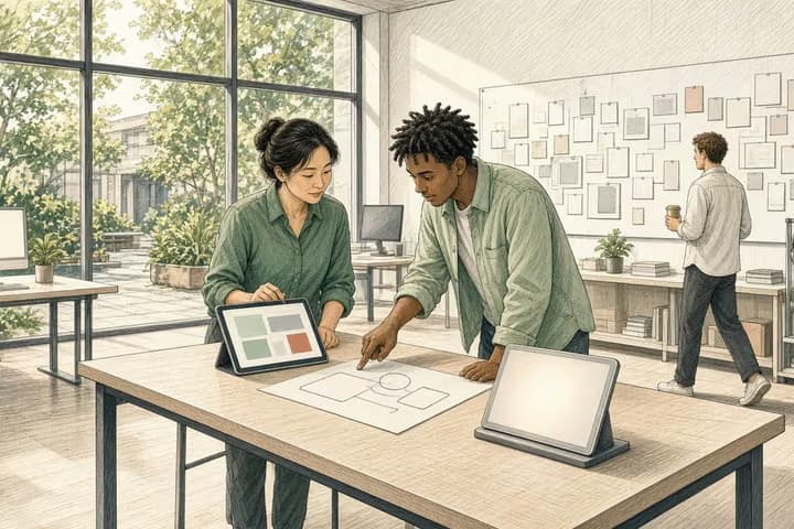 Editorial engraving of a sunlit product office where a manager reviews a tablet beside a charging dock while a designer points at a paper sketch of an approval gate.