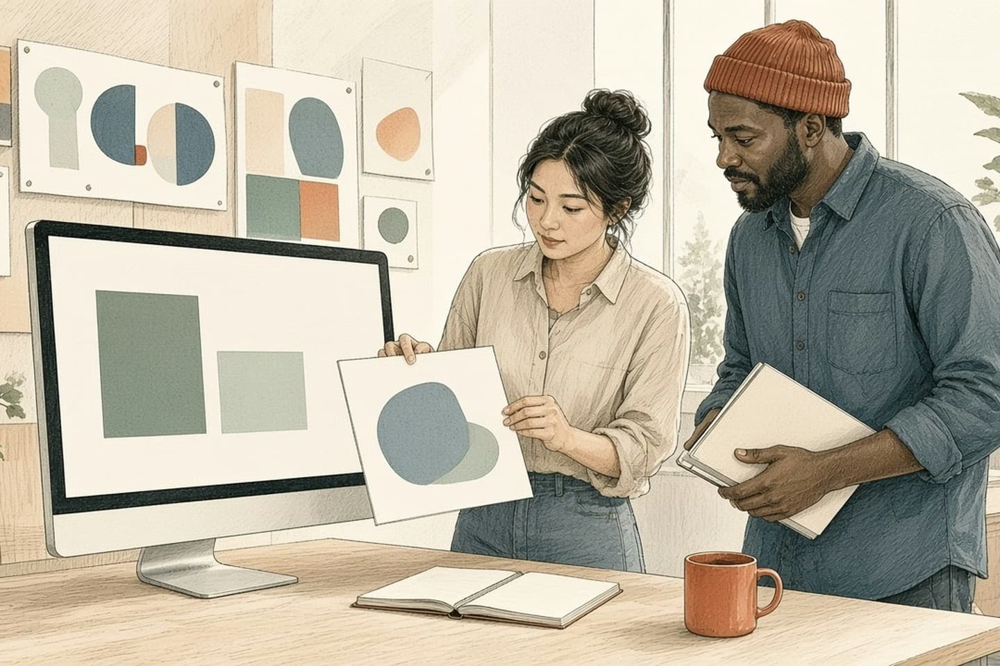 Editorial engraving of a sunlit product studio where a designer holds a component card up to a monitor of soft interface blocks while an engineer leans in beside a wall of sample cards.