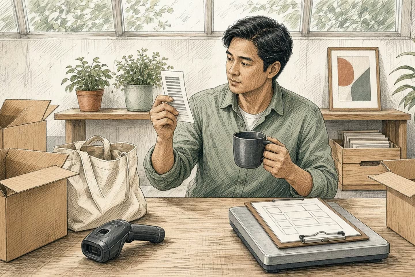 At a daylight packing bench, a packer holds a dark mug and a blank barcode label beside a clipboard slip resting on a scale.