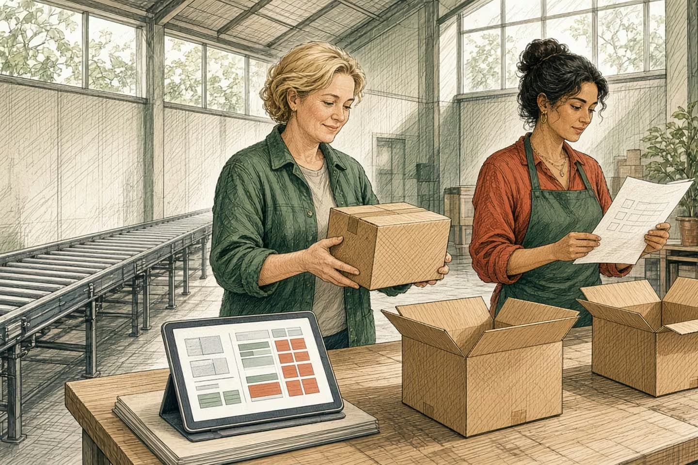 Editorial engraving of a daylight packing bay where a lead holds one sealed box beside empty cartons while a packer checks a blank partial slip.