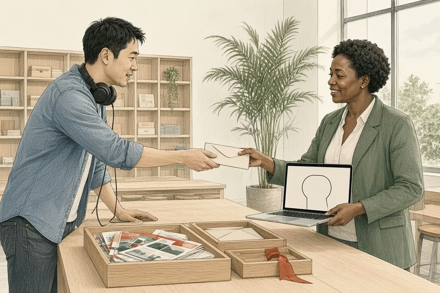Editorial engraving of a sunny mailroom where a developer sorts envelopes into three trays and hands one from the smallest tray straight to a waiting woman with a laptop.