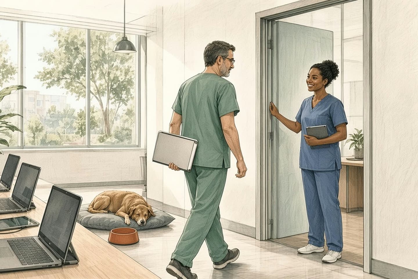 Editorial engraving of a bright vet clinic office where the owner carries one laptop away from a crowded table of devices toward a quiet side room as a colleague holds the door.