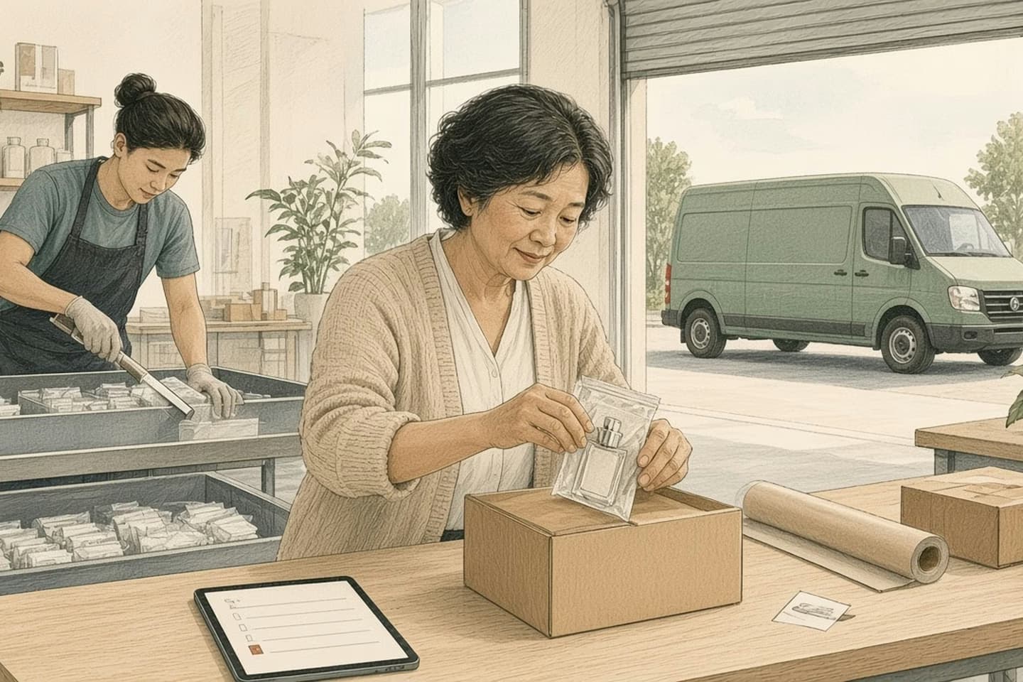 Editorial engraving of a sunny packing room where an older packer boxes a cushioned perfume bottle while a colleague sorts boxed orders nearby and a ground delivery van waits at the open door.