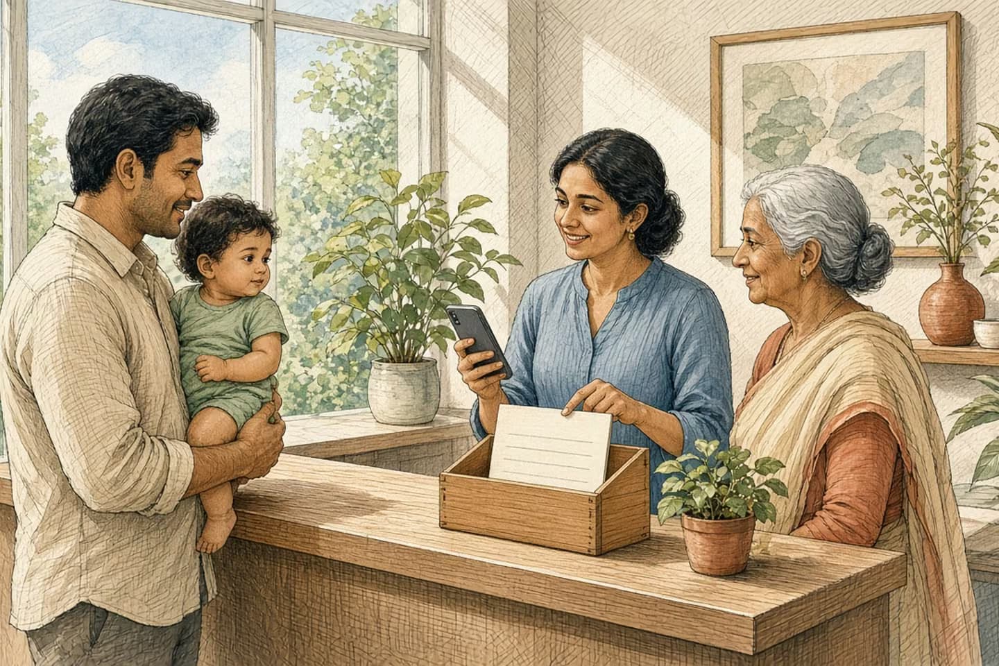 Editorial engraving of a sunny sidewalk where a young woman unboxes a new phone on a bench while a man walks away from a phone shop with his old phone.