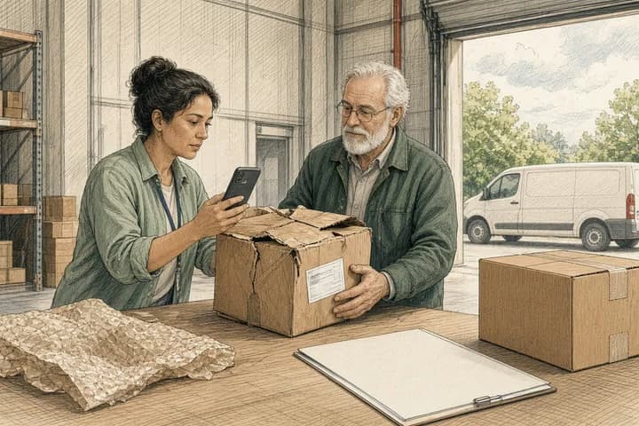Editorial engraving of a sunlit returns bench where a support lead photographs a crushed carton as a warehouse associate steadies the label toward the camera.
