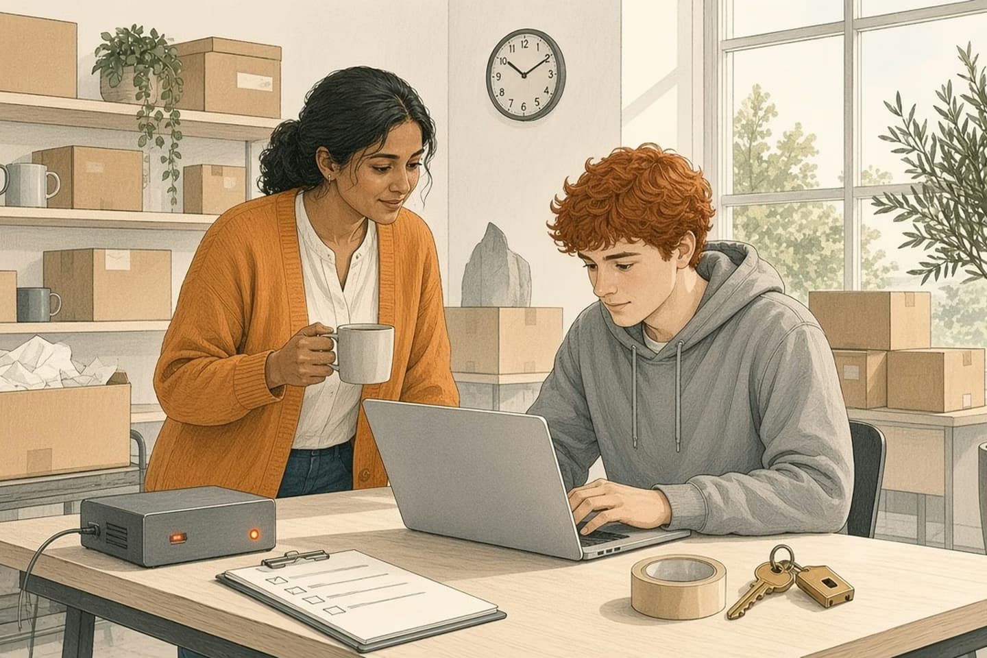 Editorial engraving of a bright shop back room with shelves of kraft boxes and mugs, a wall clock and a window onto trees, where a woman in a mustard cardigan holding a mug leans in as a red-haired young developer in a grey hoodie types on a laptop; on the desk in front sit a small grey box with orange indicator lights and a cable, a clipboard checklist, a roll of packing tape and keys with a padlock-shaped tag, beside a half-packed box of tissue paper.
