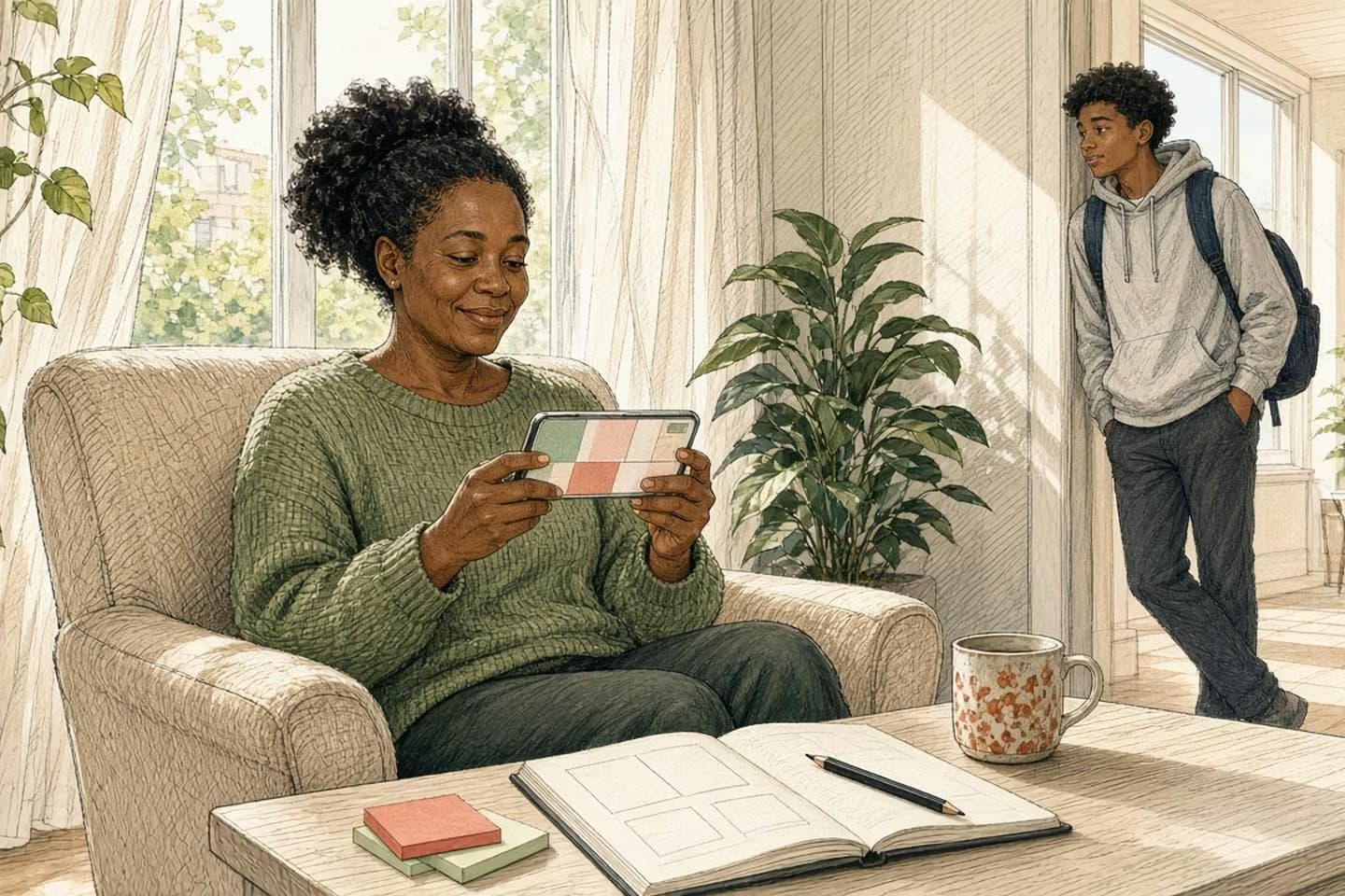 In a bright sunroom home office, a woman in an olive sweater holds a phone showing only soft abstract app blocks while a sketchbook of blank wireframes and sticky notes sit on the table; a teenager watches from the doorway.
