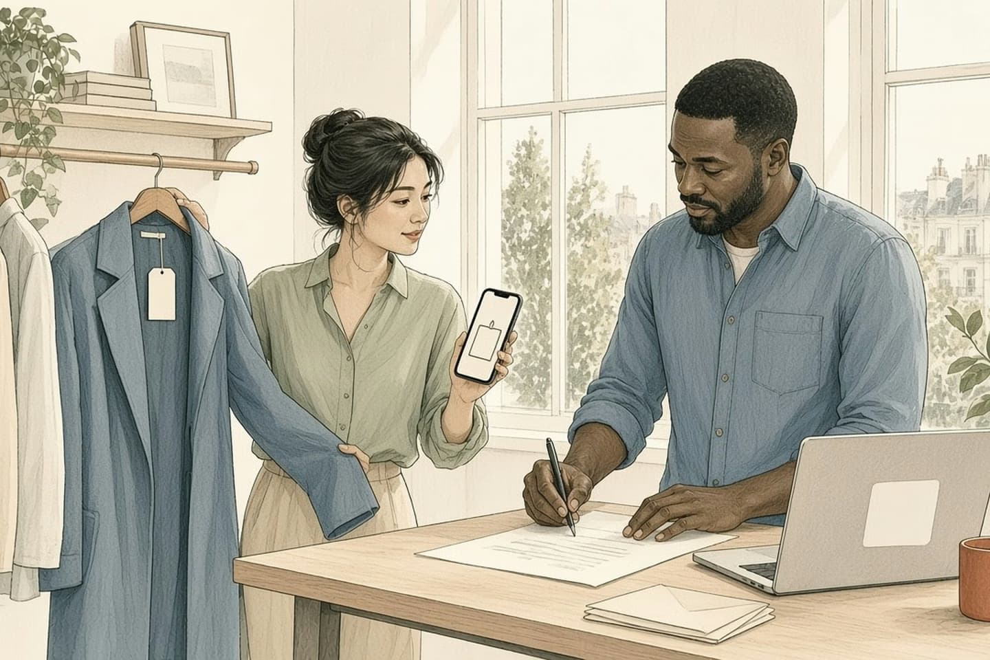 Editorial engraving of a bright townhouse support room where two colleagues compare a coat's tag on a phone while one writes a short policy on paper.