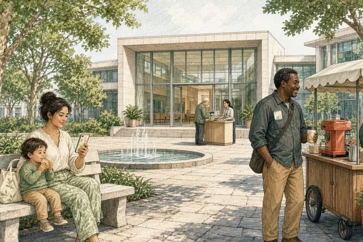 Editorial engraving of a sunny plaza outside a municipal building where a mother and toddler wait on a bench as her phone glows, a man buys coffee from a cart, and inside the open doors a staff member helps an elderly man at a kiosk.