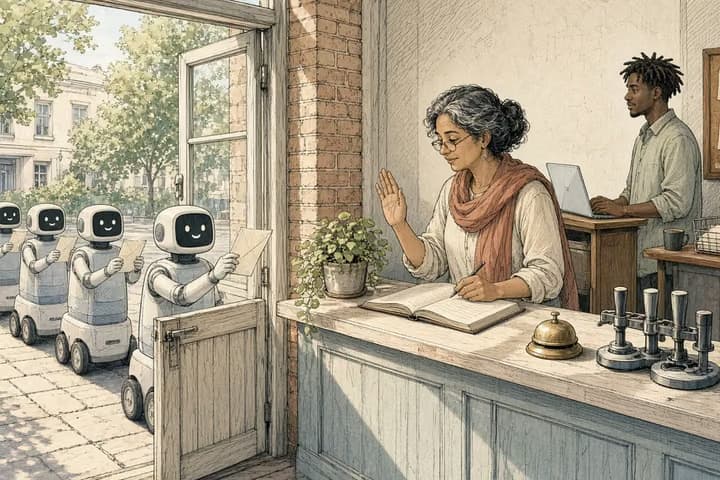 In a sunlit corner studio, a queue of small wheeled courier robots holding envelopes waits at an open service window while a woman in a terracotta scarf raises her palm to the first one and checks an open ledger, and a colleague works at a laptop at a tall desk behind her.
