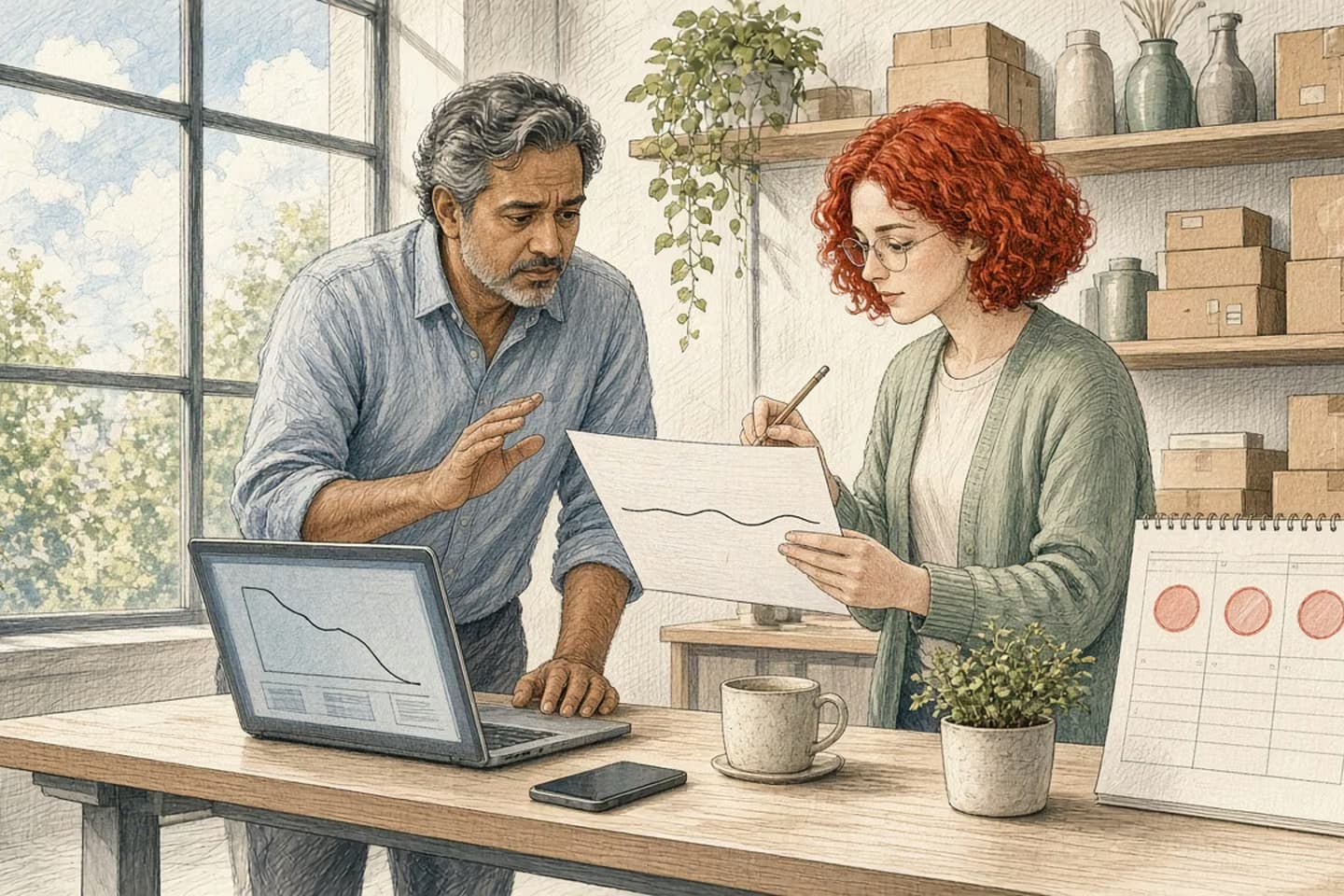 In a bright back office lined with shipping boxes, a man at a standing desk reacts to a laptop line that drops sharply while a colleague calmly holds up a printed sheet with a steady line and a desk calendar shows three circled days.