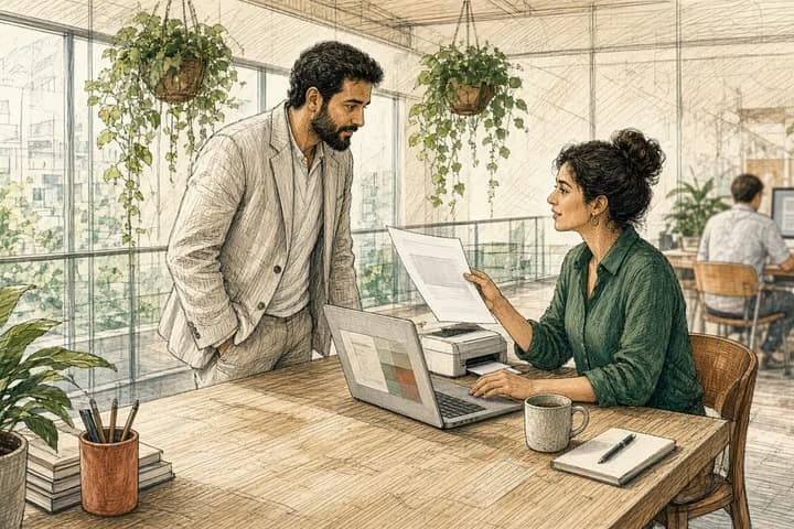 Editorial engraving of a bright coworking mezzanine where a founder shows an accountant a freshly printed blank PDF while a laptop displays abstract blocks.