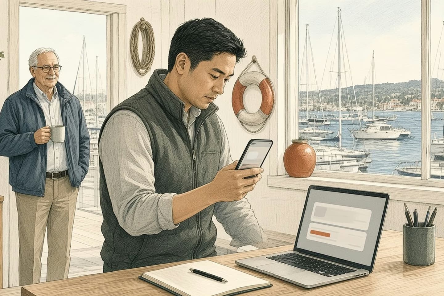 Editorial engraving of a sunny marina office where a developer reviews an alert on his phone beside a laptop before deciding whether to publish a fix.