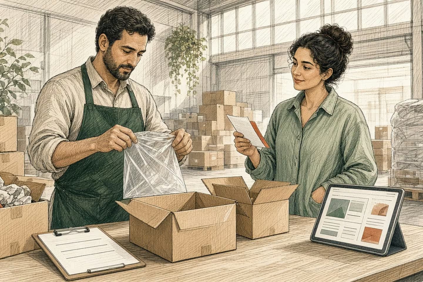 Editorial engraving of a daylight returns bay where an associate opens a sealed bag while a CX lead holds a tabbed paper slip.