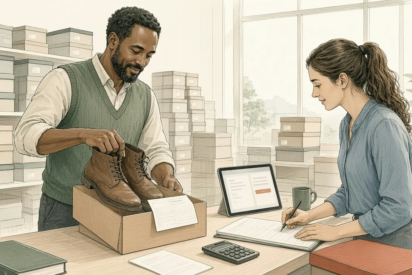 Editorial engraving of a bright shoe-shop stockroom where the owner unpacks a returned pair of boots while a bookkeeper checks a ledger against a tablet.