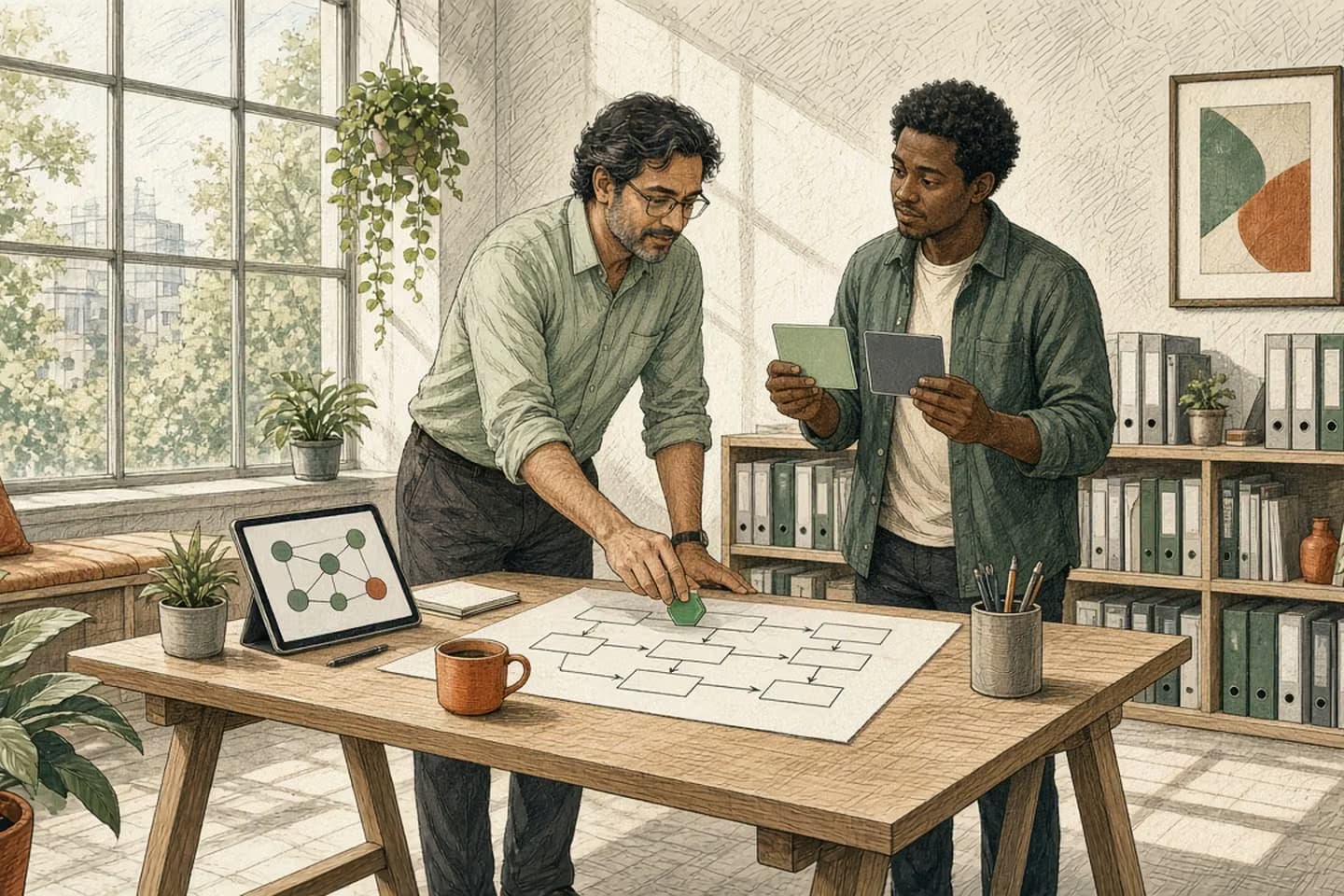 Editorial engraving of a sunlit engineering library where an architect places a token on a paper flowchart while a junior engineer compares two blank model cards.