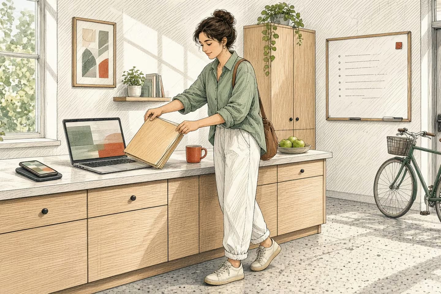 Editorial engraving of a sunny weekend office kitchenette where a support lead picks up a manila handback folder beside a laptop showing abstract blocks, a bike parked by the door.