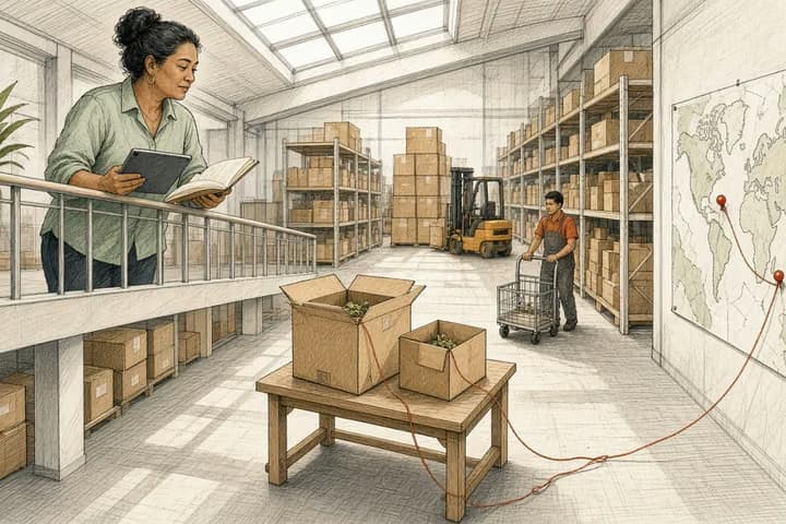 Editorial engraving of a skylit warehouse seen from a mezzanine, where an operations lead with a tablet and notebook looks down at one order split into two boxes joined by a red string that runs to two pins on a wall map.