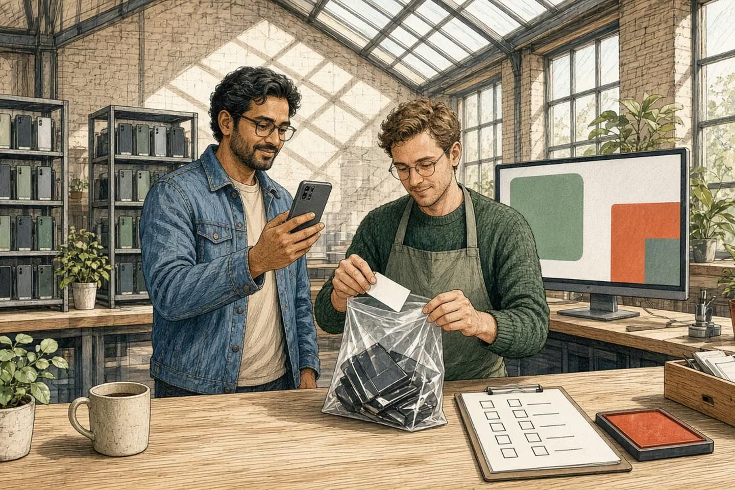 Editorial engraving of a skylit mobile lab where an engineer holds a test phone while a QA colleague opens an evidence bag of older handsets beside a blank checklist.