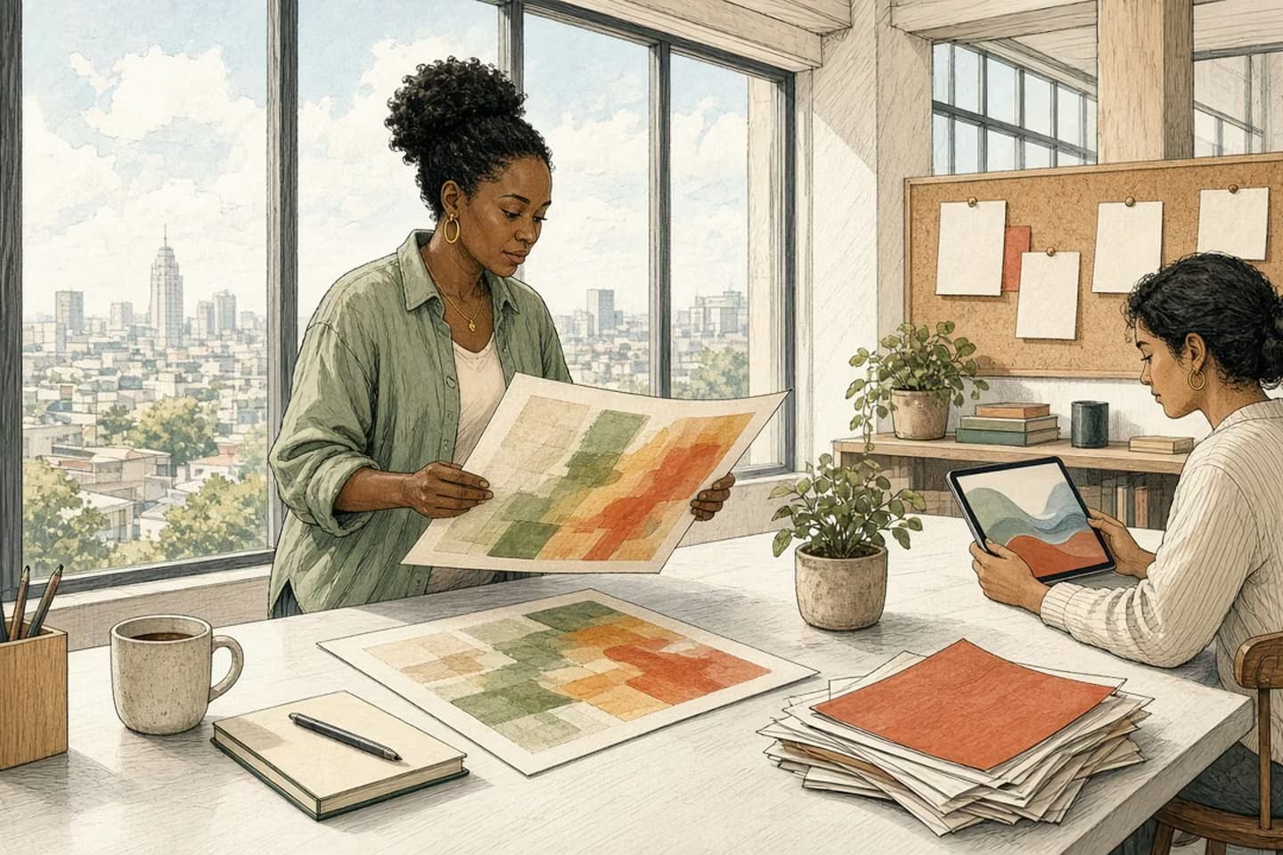 Editorial engraving of a sunlit analytics loft where an SEO lead compares abstract heat-map sheets while an analyst scrolls a tablet of wave lines.