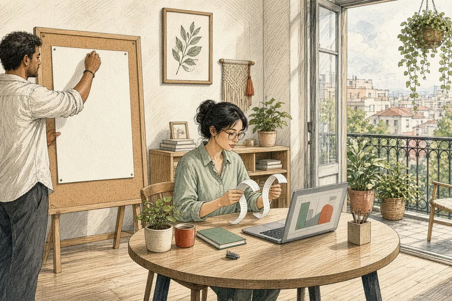 Editorial engraving of a sunny balcony coworking room where a seller pins a blank notice sheet while a bookkeeper compares abstract calculator tapes.