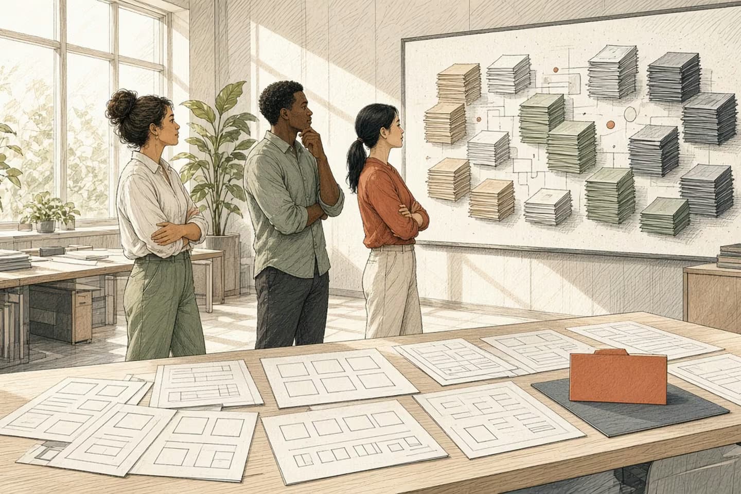 On a bright ops floor, three teammates study a wall of stacked envelope piles while route cards and a single terracotta folder sit on the table.