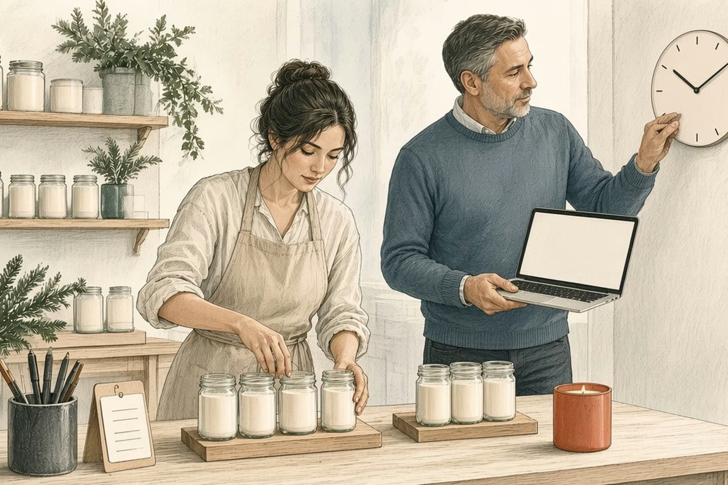 Editorial engraving of a bright candle studio where a maker sorts jars into two groups as her manager prepares a staged change on a laptop.