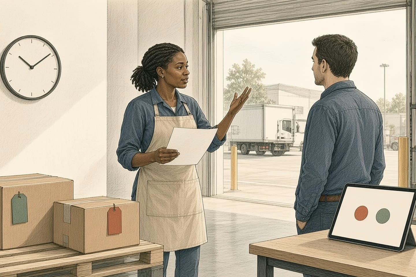 Editorial engraving of a bright shipping dock where a planner with a cutoff sheet talks a driver through timing beside two tagged cartons and a waiting truck.