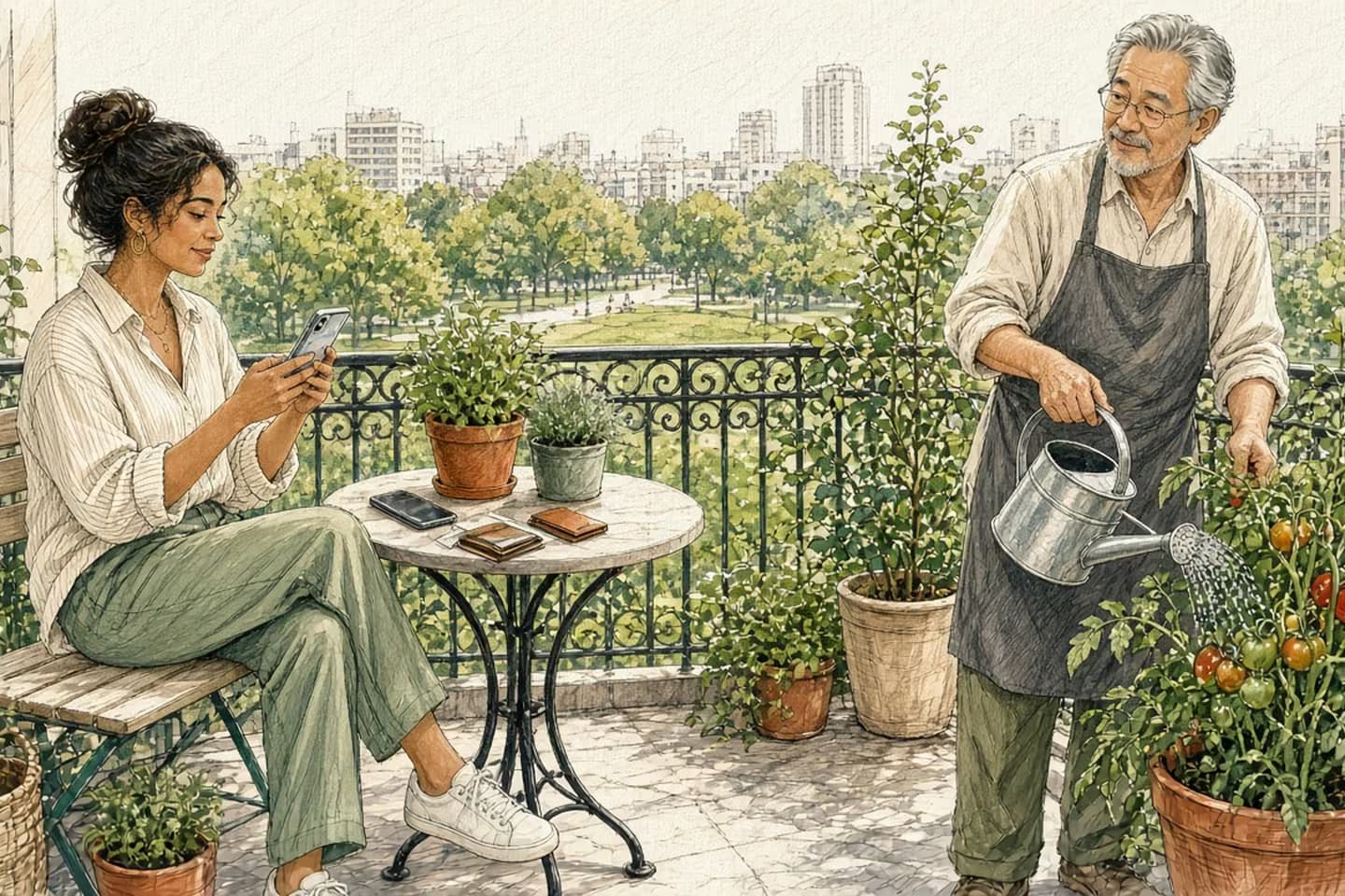 Editorial engraving of a sunny balcony garden where a freelancer texts on her phone beside a boarding-pass folder and wallet while a neighbor waters tomatoes.