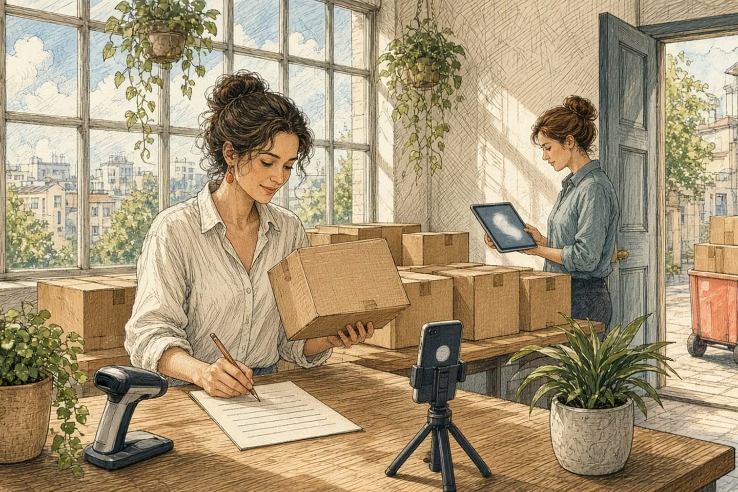A seller in a sunny loft shipping room holds up one product box pulled from a row of identical boxes while marking an order printout; behind her a colleague checks a tablet near an open door where a carrier's parcel cart waits.