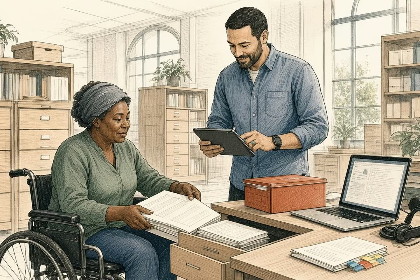 Editorial engraving of a bright city hall records room where a clerk who uses a wheelchair pulls forms from a drawer while the city IT manager tallies documents on a tablet.