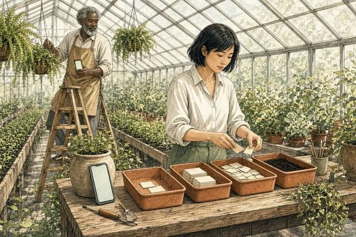 Editorial engraving of a sunlit greenhouse where a designer sorts blank cards into four seed trays and a compost bin at a potting bench, while an older nursery worker on a step ladder glances at a single soft glow on the phone clipped to his apron.
