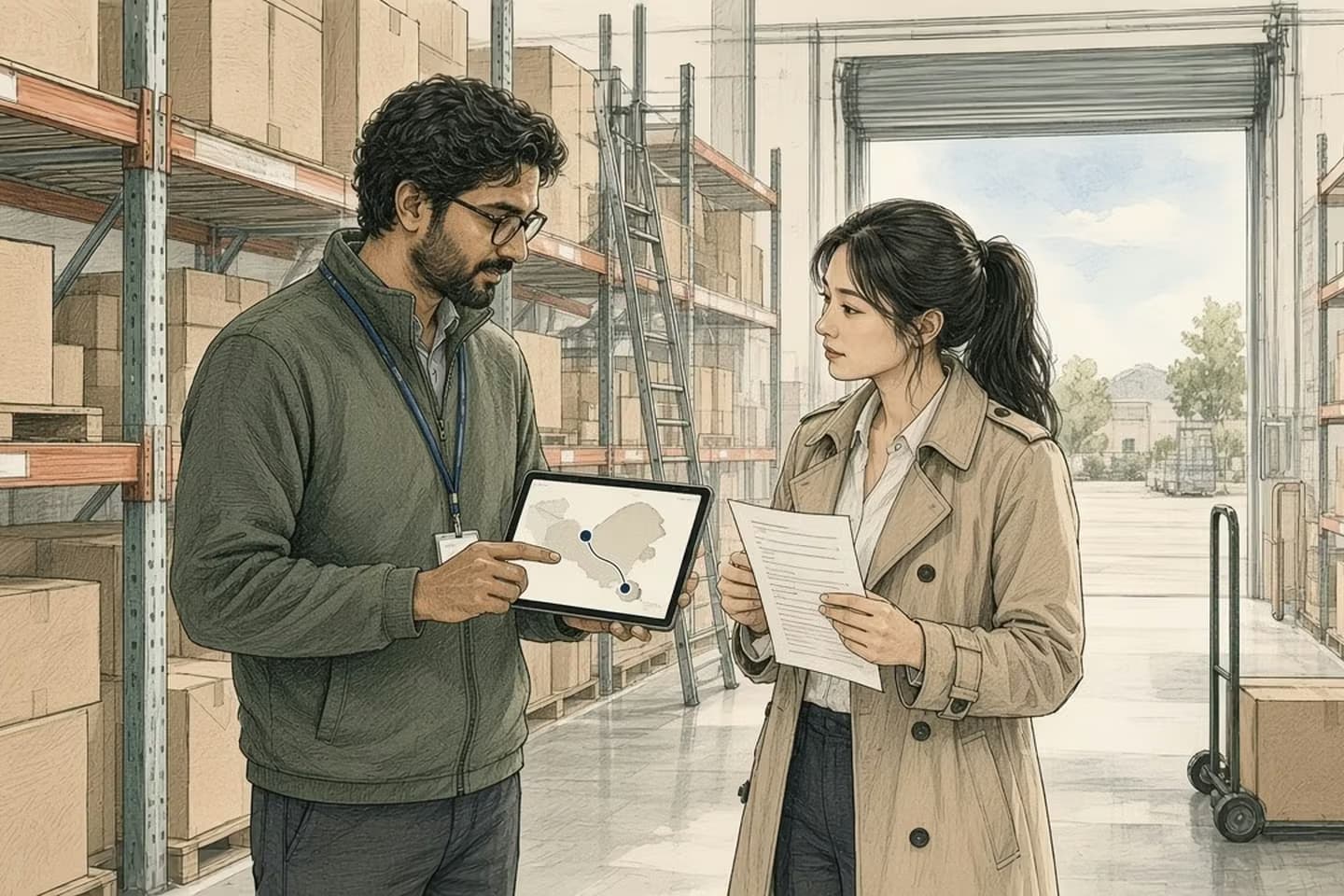 Editorial engraving of a daylight warehouse aisle where a warehouse lead shows a routing map on a tablet while a brand owner notices a gap in the stock.