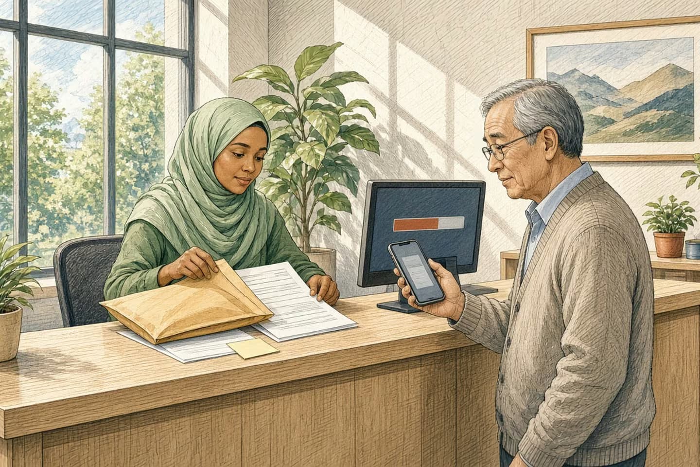 Editorial engraving of a sunlit civic counter where a clerk unpacks mailed documents beside a stalled progress bar while a resident holds up a phone photo of the same page.