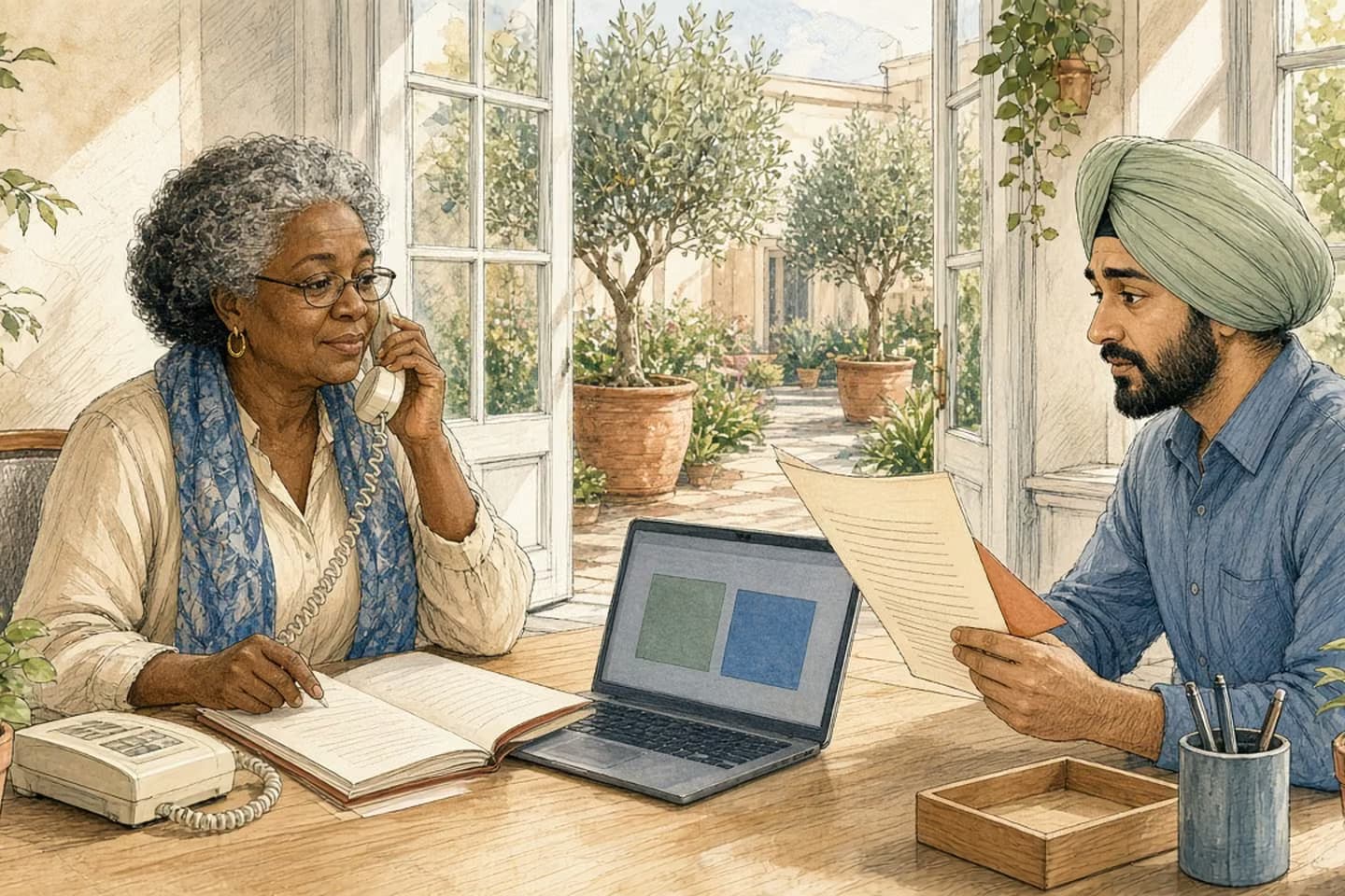 Editorial engraving of a bright finance office where a manager calls a supplier from an open vendor folder while a colleague holds a printed email at arm's length.