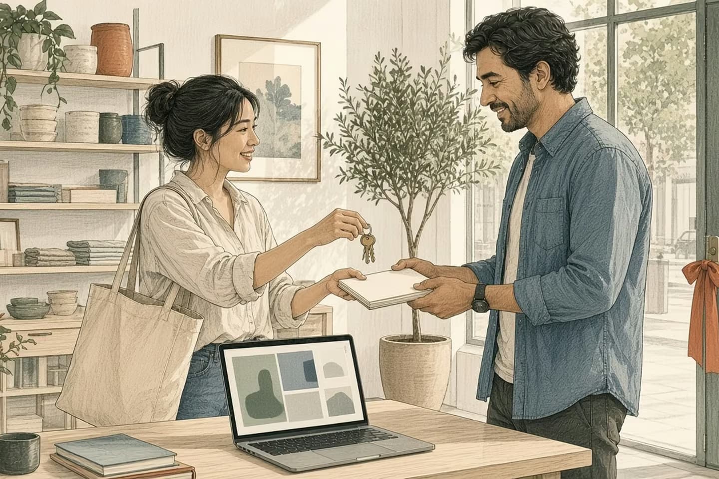 Editorial engraving of a sunlit homeware boutique on opening morning where a developer hands the owner a ring of keys and a notebook beside a laptop showing product tiles.