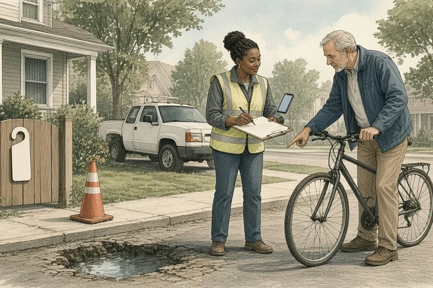 Editorial engraving of a sunny street corner where a city supervisor writes down a pothole report on a clipboard while a neighbor on a bicycle points it out.