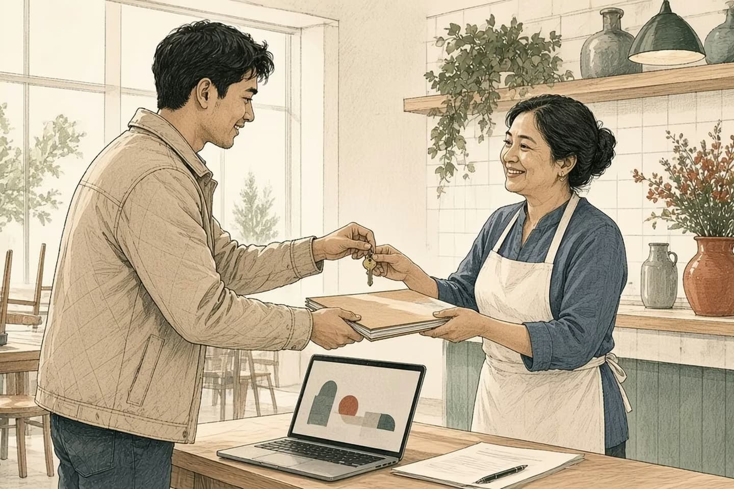 Editorial engraving of a sunny restaurant before opening where a web developer hands the owner a key and a folder over a laptop.