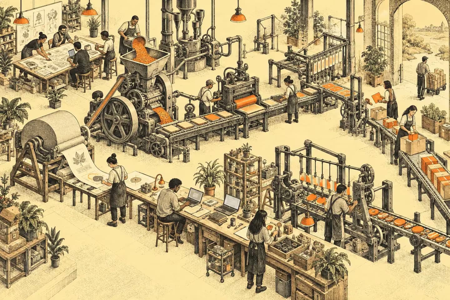 People coordinate connected workshop mechanisms to keep useful work moving