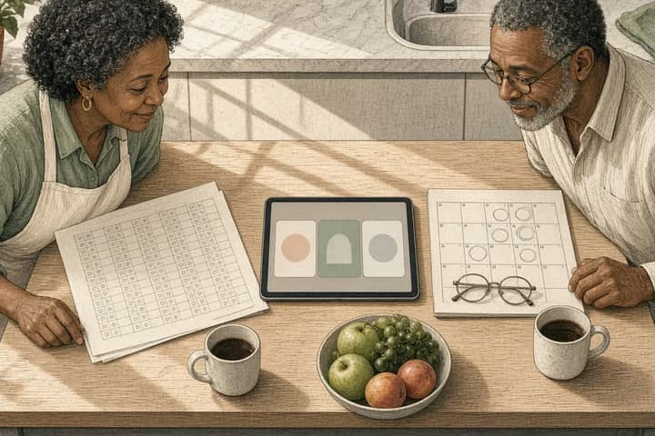 Overhead editorial engraving of a sunny kitchen island where an older couple set aside a dense checkmark brochure and look at a tablet showing three simple options, one highlighted, beside a calendar with appointment days circled.