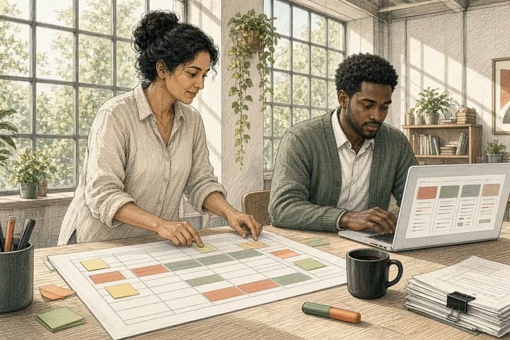 Editorial engraving of a bright loft office where a woman stands over a large printed spreadsheet marked with orange and green highlighter while a young colleague beside her turns those same colored bands into tidy status blocks on a laptop.