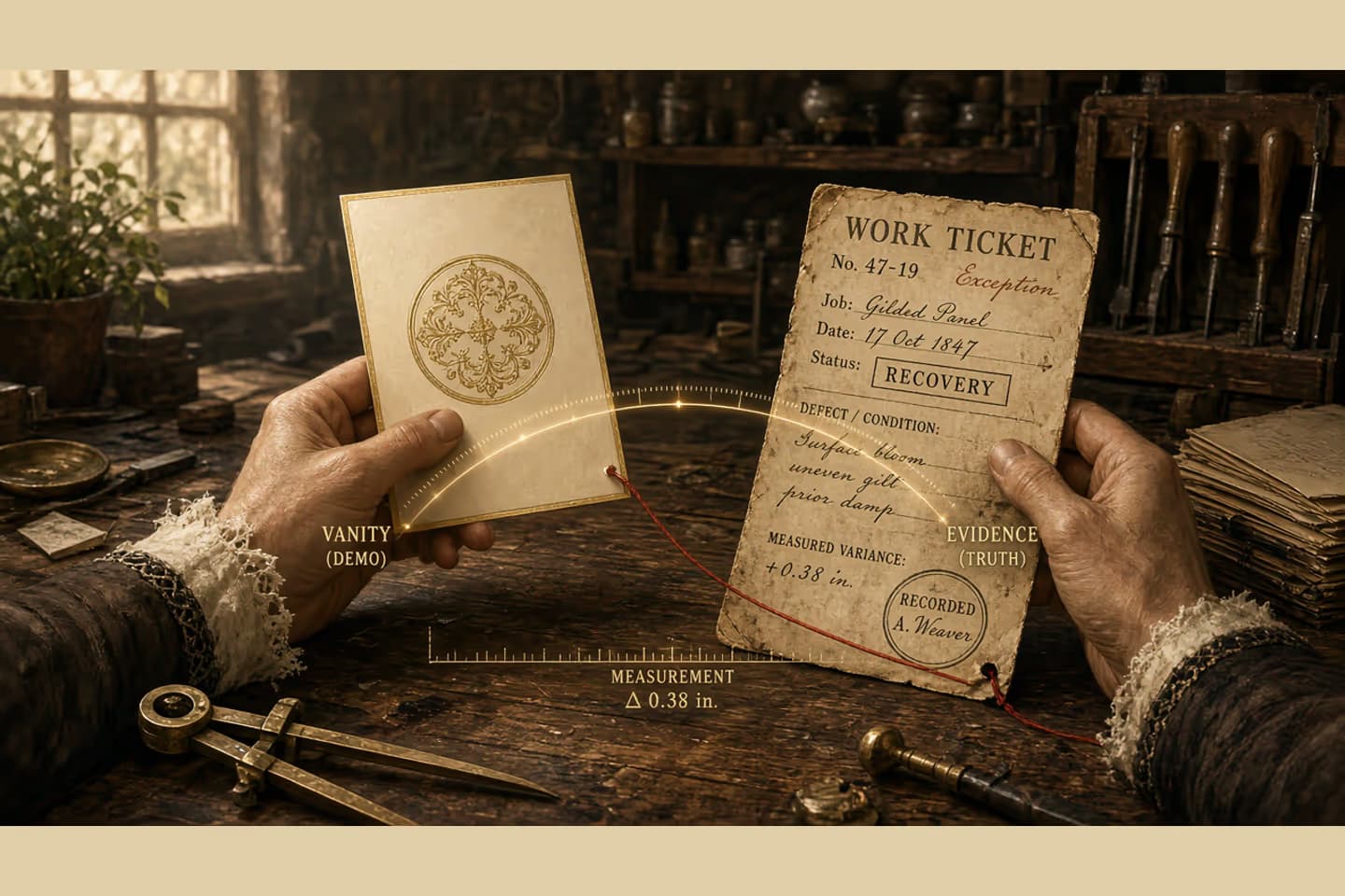Hands compare a polished vanity demo card with a worn work ticket labeled EVIDENCE, linked by a red thread and a measurement overlay.